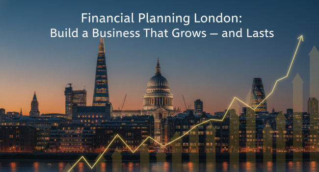 London skyline at sunset with financial growth chart overlay and text “Financial Planning London: Build a Business That Grows – and Lasts.”