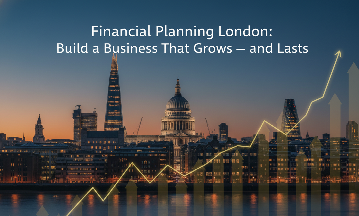 London skyline at sunset with financial growth chart overlay and text “Financial Planning London: Build a Business That Grows – and Lasts.”