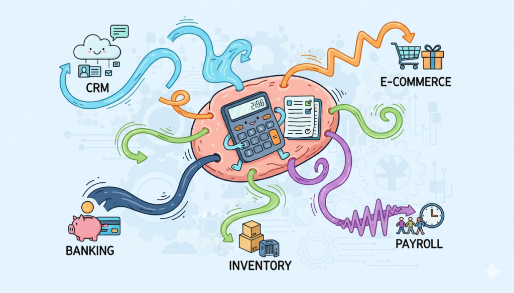 Accounting today concept showing digital integration of CRM, e-commerce, payroll, banking, and inventory through cloud-based automation.
