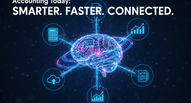 Digital brain connecting financial data and cloud systems symbolizing accounting today as smarter, faster, and connected.