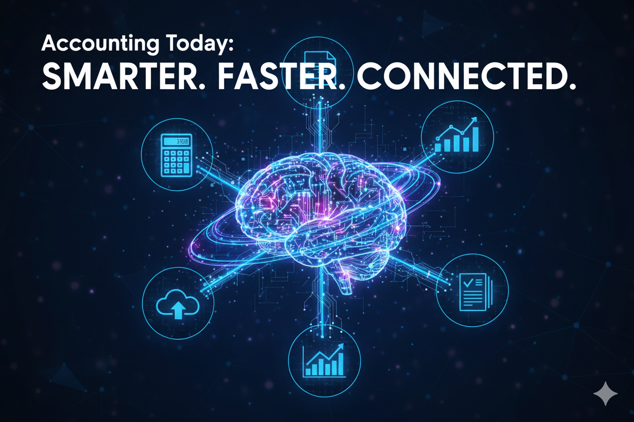Digital brain connecting financial data and cloud systems symbolizing accounting today as smarter, faster, and connected.