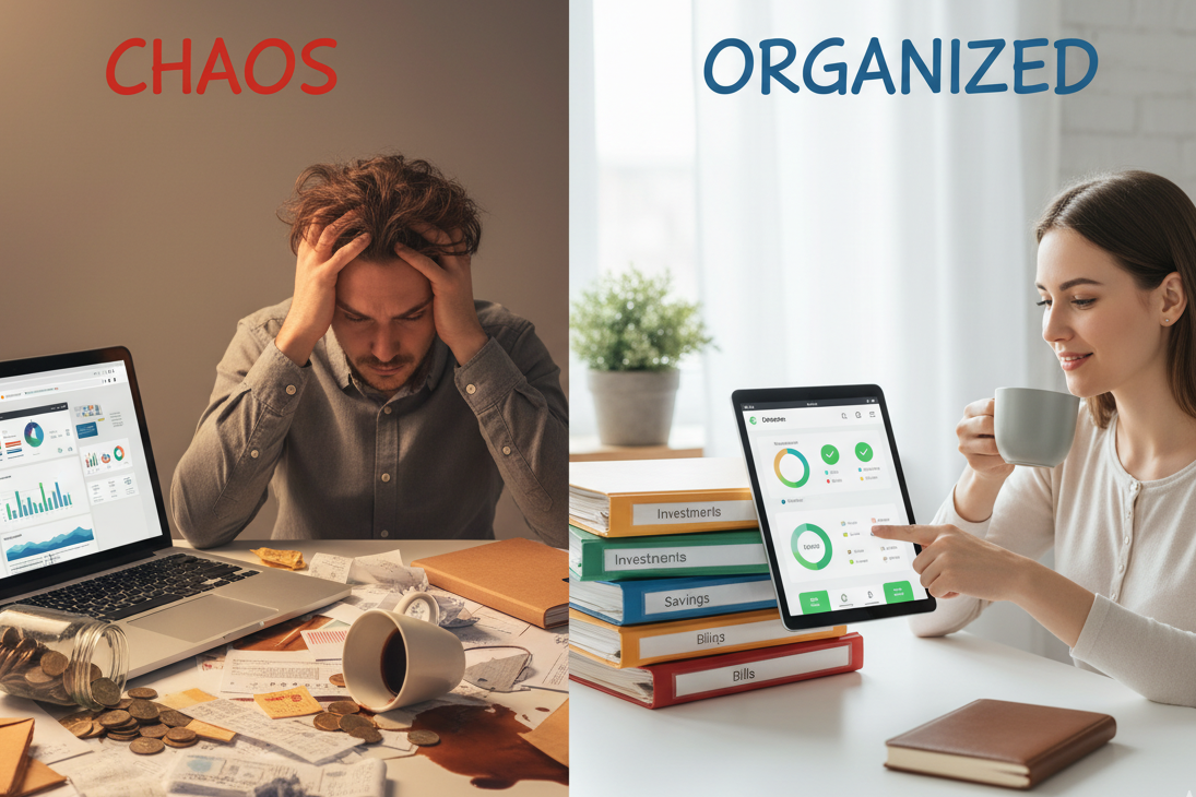 West London small business owner stressed by financial chaos compared to organized accounting with professional help