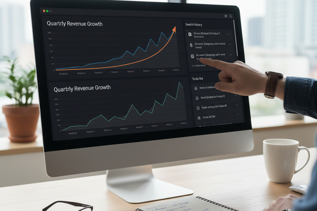 Professional using London bookkeeping services ltd software displaying quarterly revenue growth charts and financial analytics dashboard