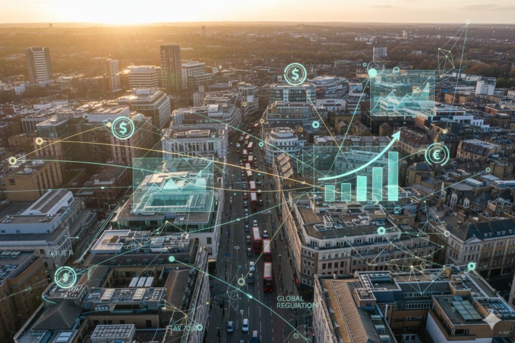 London bookkeeping services ltd financial data visualization overlaying city skyline showing revenue growth charts and currency analytics