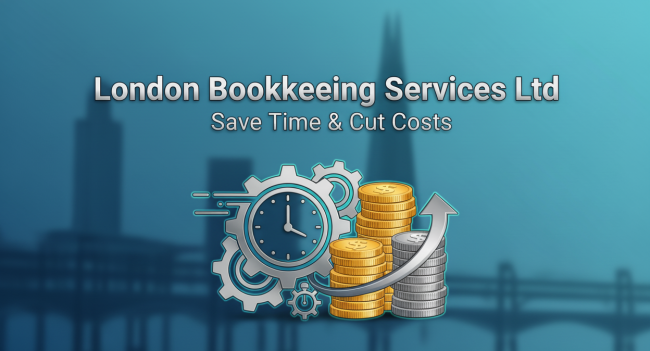 London Bookkeeping Services Ltd header image showing time savings with clock gears and cost reduction with stacked coins and growth arrow