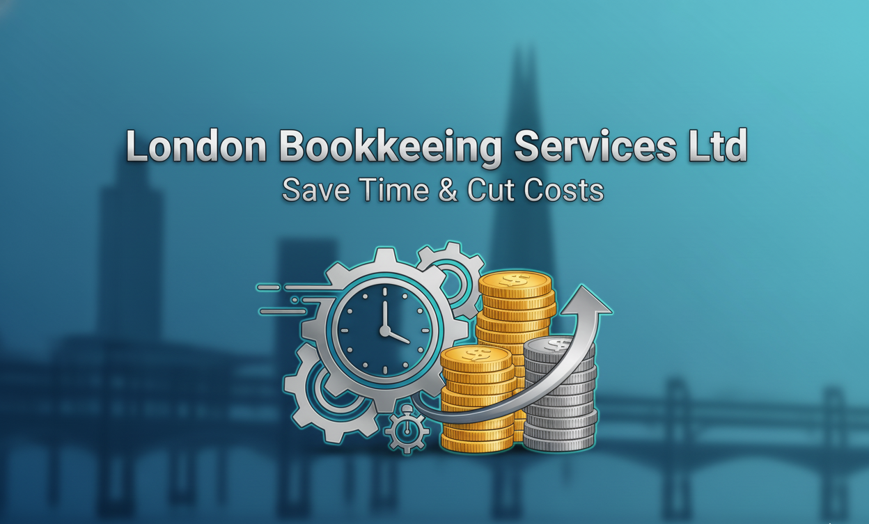 London Bookkeeping Services Ltd header image showing time savings with clock gears and cost reduction with stacked coins and growth arrow