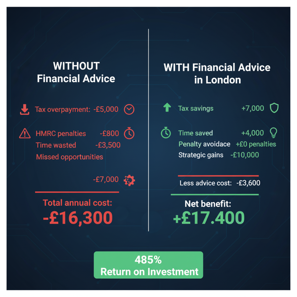 ROI comparison showing £17,400 net benefit and 485% return on investment with financial advice in London versus £16,300 annual cost without professional guidance