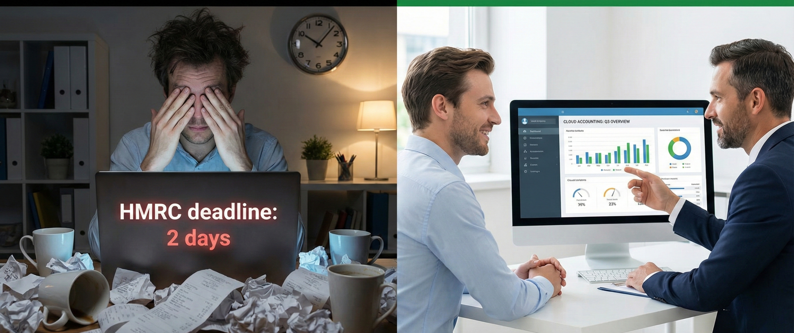 Stressed man facing an HMRC deadline contrasted with a relaxed client using cloud software with a tax accountant near me