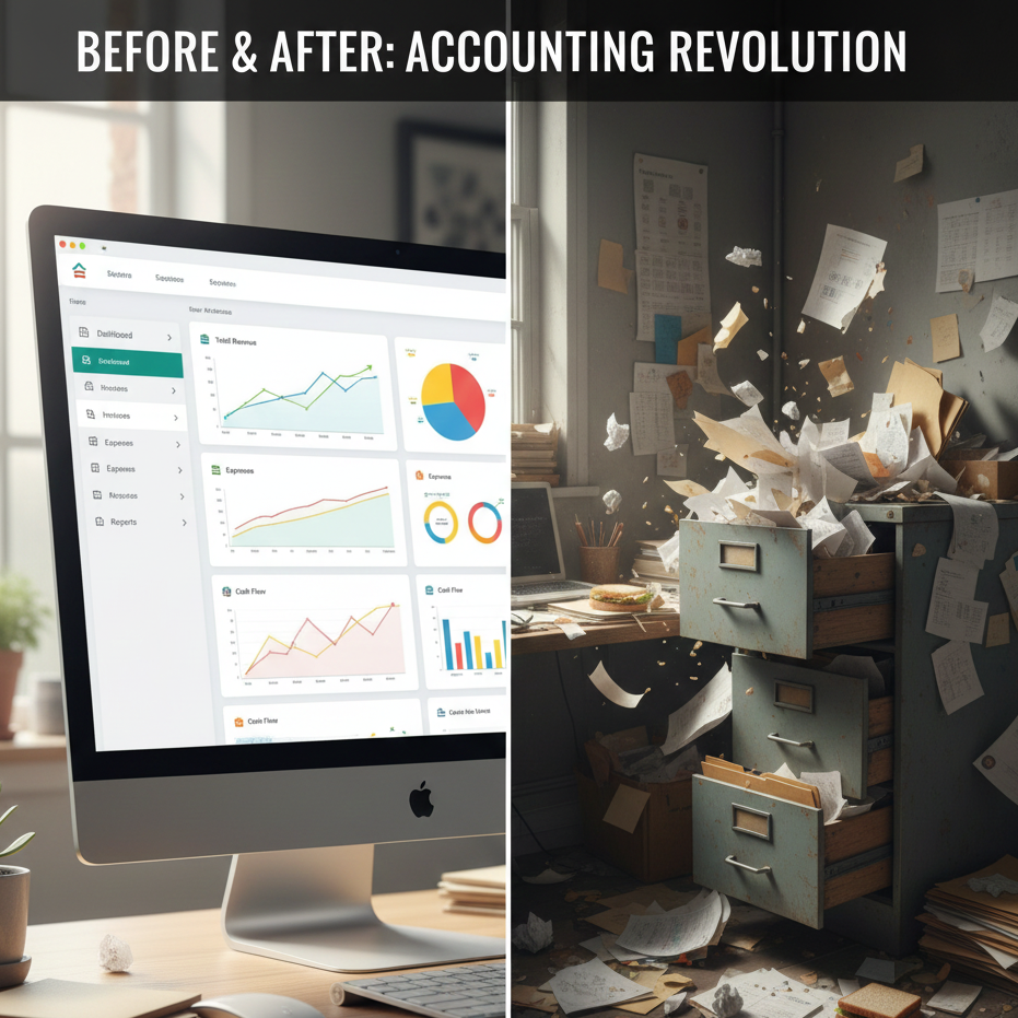 Before and after bookkeeping transformation as a tax accountant near me replaces chaotic paperwork with cloud accounting