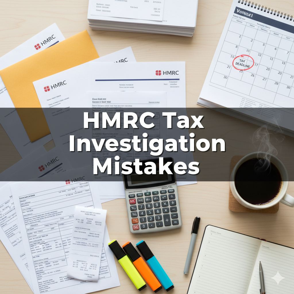 HMRC tax investigation mistakes featured image showing official letters calculator and deadline calendar