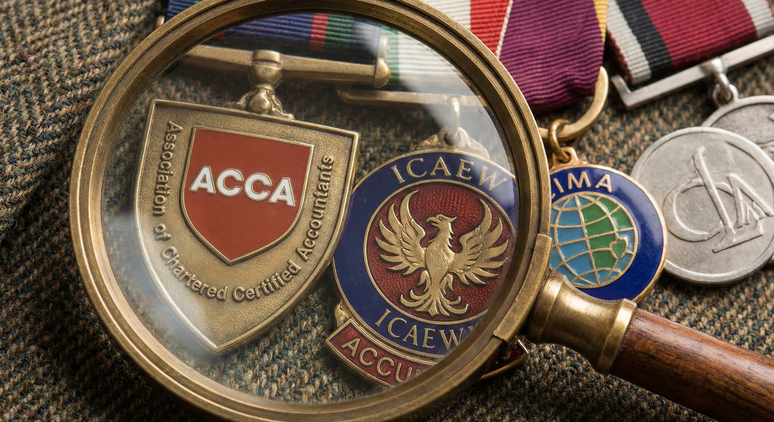 Magnifying glass highlighting ACCA and ICAEW badges, emphasising choosing a qualified tax accountant near me