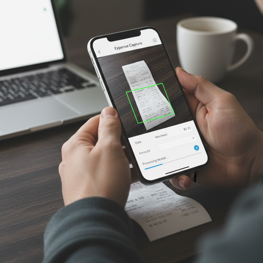 Business owner using mobile phone to capture and digitise paper receipt with cloud accounting app for automated expense tracking and bookkeeping