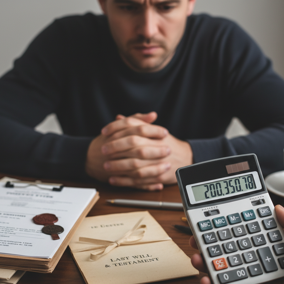 Man calculating inheritance tax liability with calculator showing £200,000 next to Last Will and Testament documents