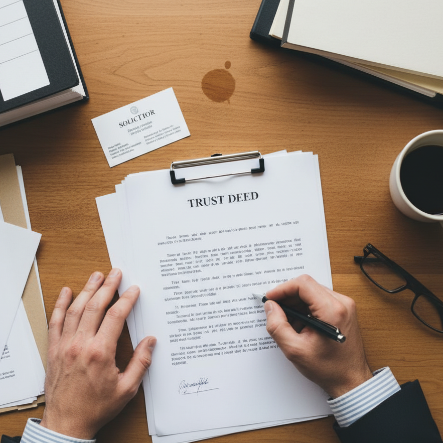 Trust deed document on solicitor's desk for inheritance tax planning and estate management in UK