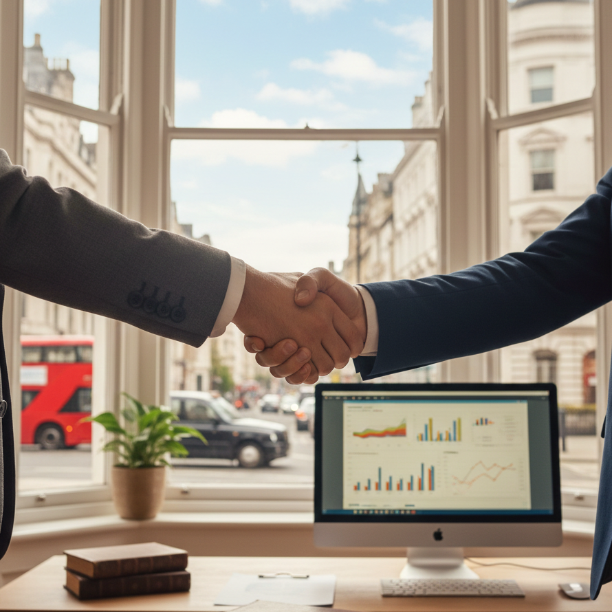 Business owner shaking hands with a tax accountant near me in a London office after reviewing financial reports