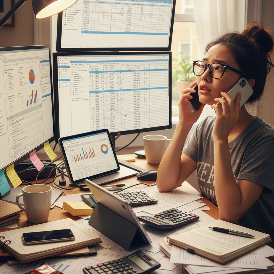 Small business owner juggling multiple accounting tasks with paperwork, calculator and computer demonstrating challenges of DIY bookkeeping for busy entrepreneurs