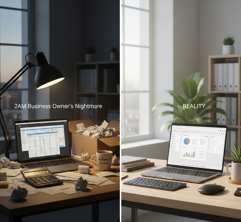 Split image comparing chaotic manual bookkeeping with receipts and spreadsheets versus organised cloud accounting software dashboard for UK small businesses