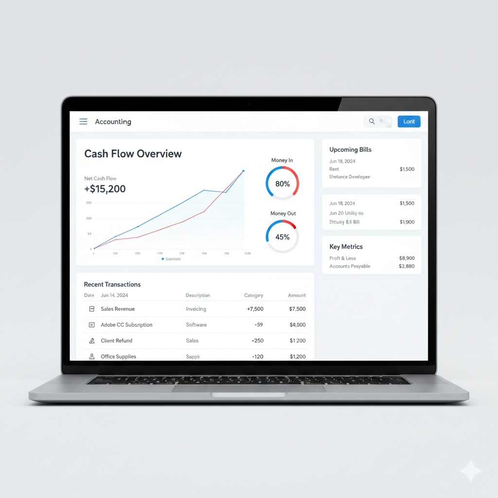 Modern cloud accounting software dashboard displaying real-time cash flow, transactions and business financial health for small business owners