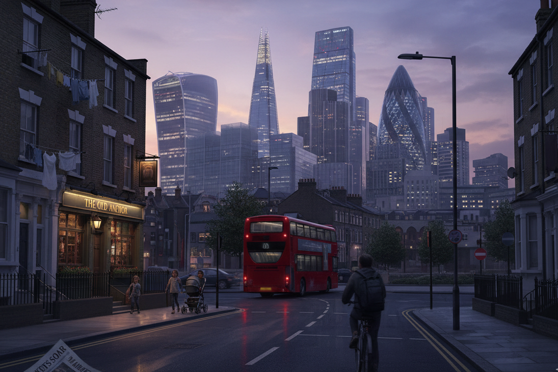 Independent financial advisor London skyline view showing City financial district with modern skyscrapers and traditional neighborhoods