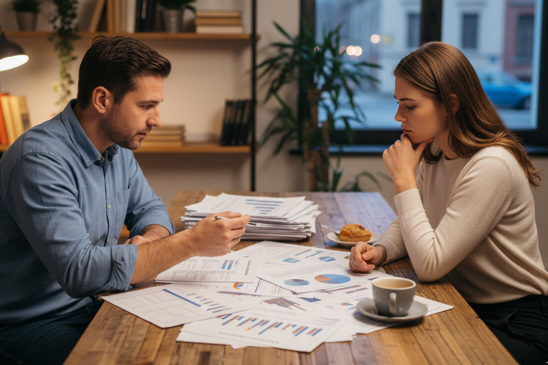 Independent financial advisor London consulting with client reviewing investment portfolio and financial planning documents