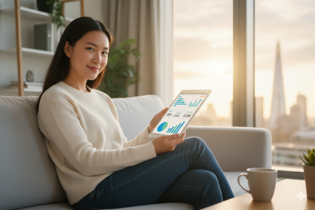 Independent financial advisor London client reviewing investment portfolio on tablet with confident financial planning results