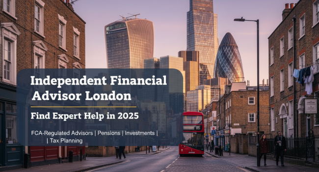 Independent financial advisor London featured image showing City financial district skyline with Gherkin and modern towers viewed from traditional London street