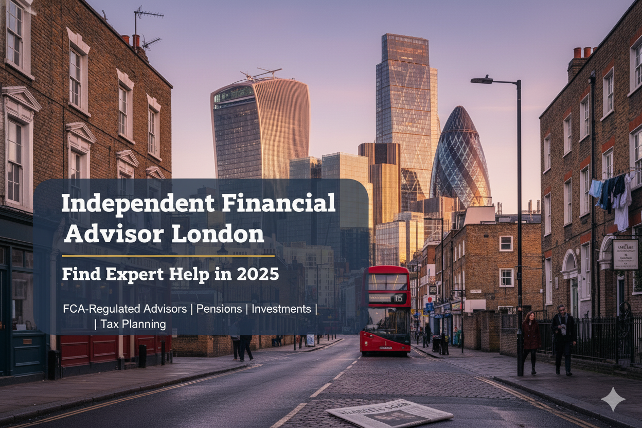 Independent financial advisor London featured image showing City financial district skyline with Gherkin and modern towers viewed from traditional London street