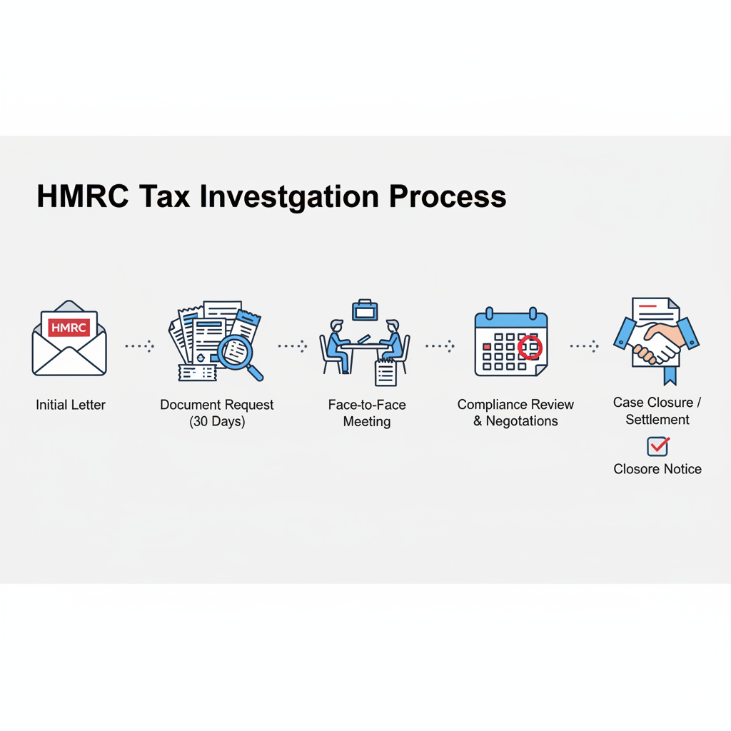 HMRC tax investigation process timeline from initial letter through document request, meeting, review to closure notice