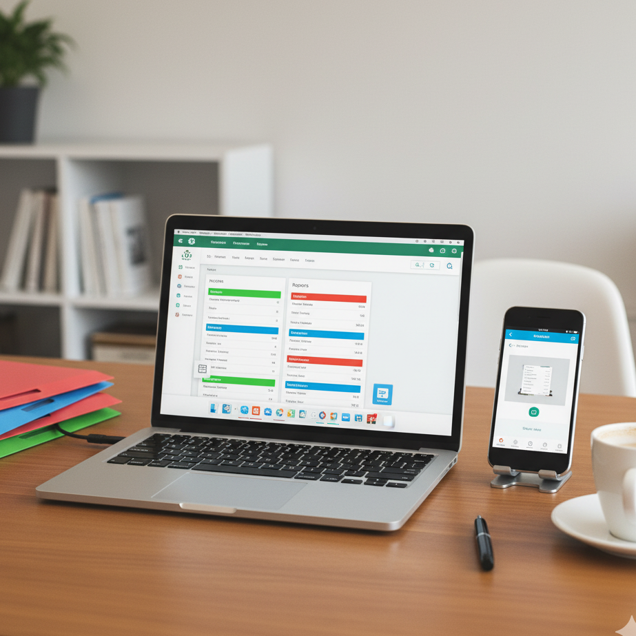 Digital accounting software on laptop and mobile showing organised tax records to prevent HMRC tax investigations
