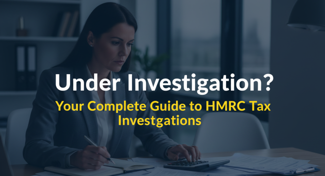 "Business owner reviewing documents during HMRC tax investigation with calculator and paperwork"