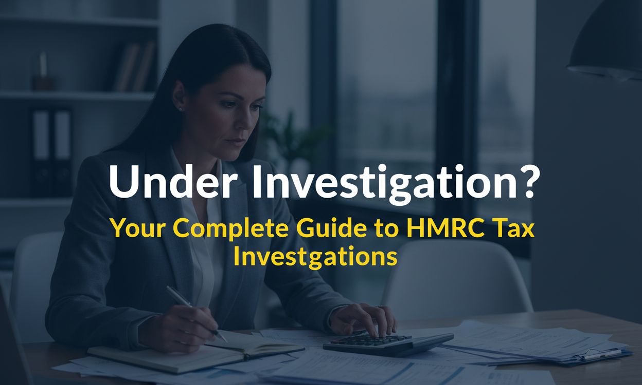 "Business owner reviewing documents during HMRC tax investigation with calculator and paperwork"