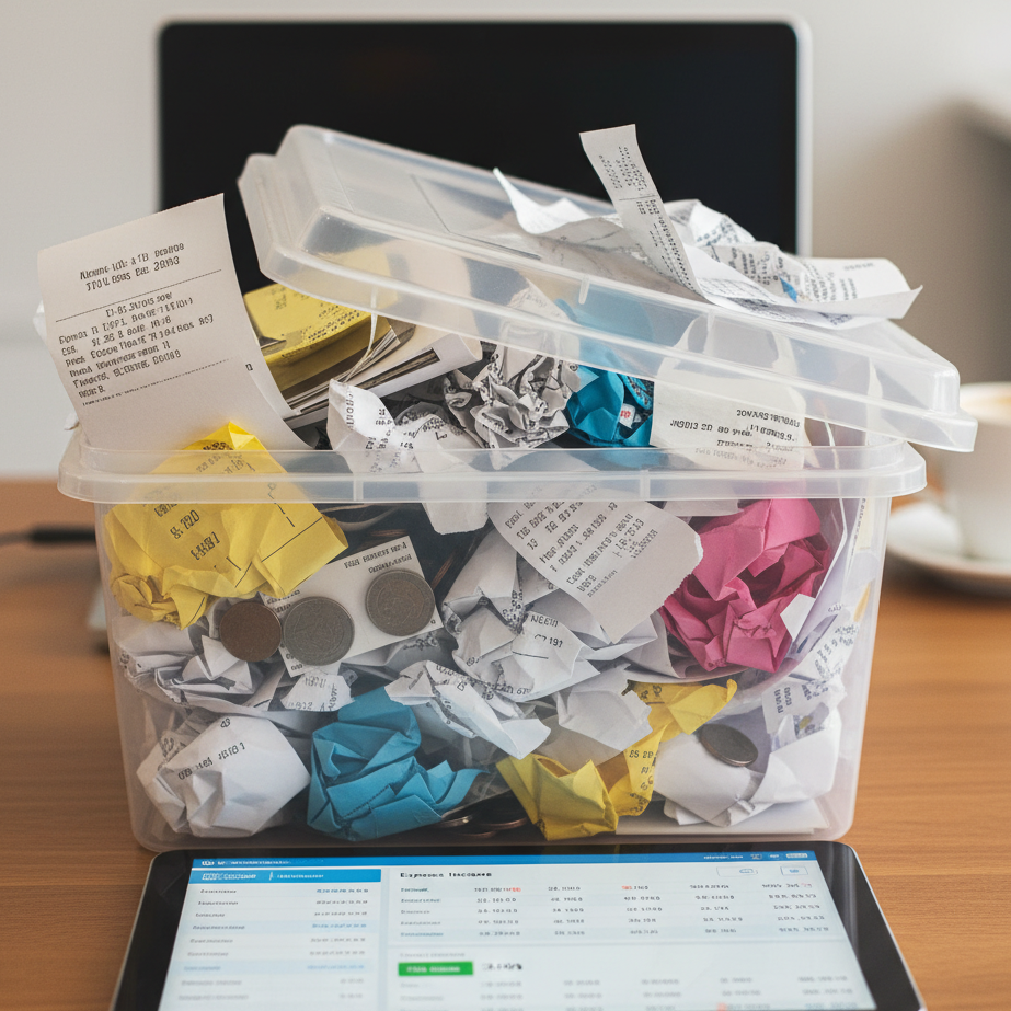Overflowing plastic container of crumpled receipts and coins representing poor record-keeping during HMRC tax investigations