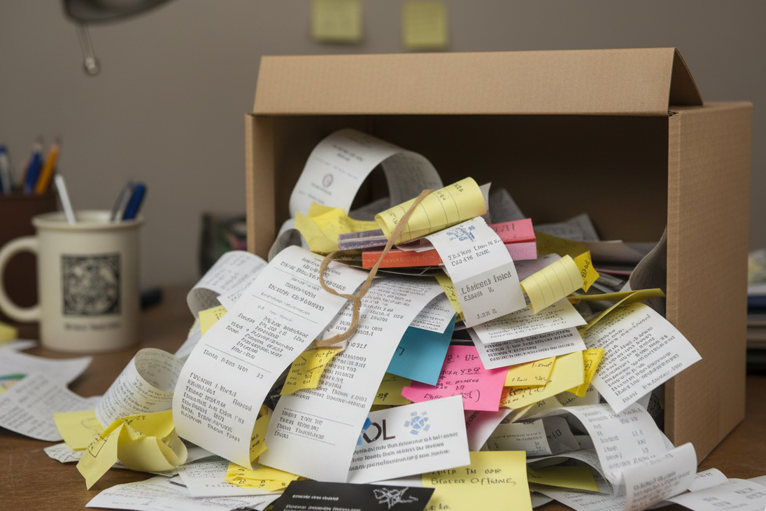 HMRC tax investigation mistakes poor record keeping with receipts and documents in disorganized cardboard box
