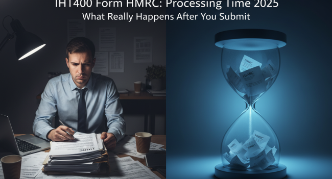 A person reviewing inheritance tax paperwork under a desk lamp beside an hourglass filled with HMRC forms, representing IHT400 form HMRC processing time and delays after submission in 2025.