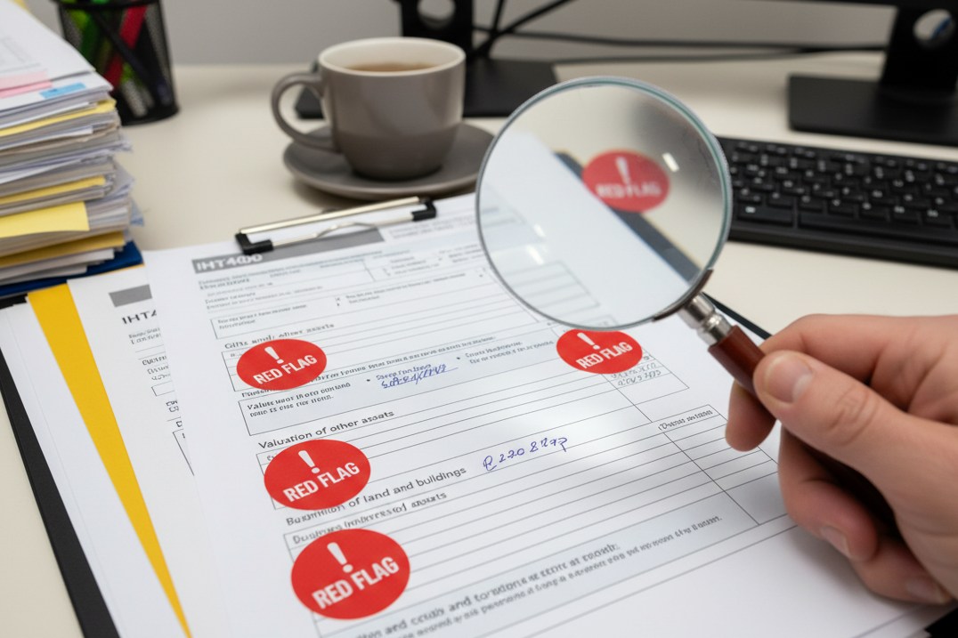 Close-up of a person reviewing an IHT400 form HMRC with a magnifying glass, showing red flag errors and valuation details on inheritance tax paperwork.