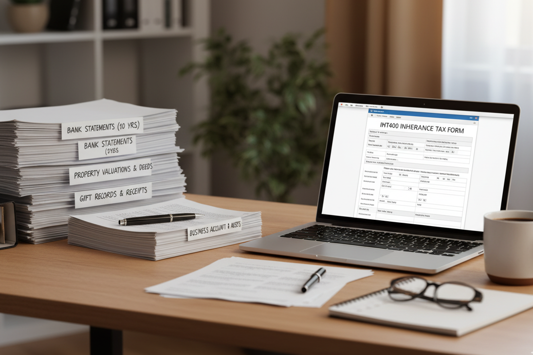 An office desk showing the IHT400 Form HMRC on a laptop, beside a huge stack of required documents like valuations and bank statements, illustrating the complexity of inheritance tax.