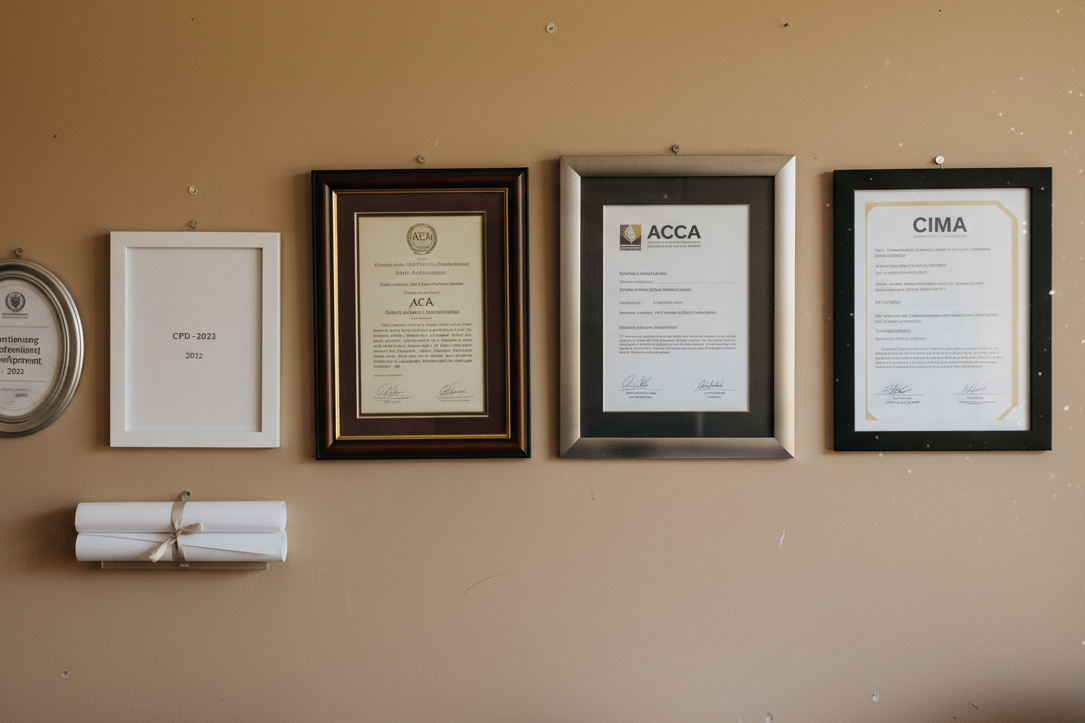Wall display of ACA, ACCA and CIMA chartered accountant qualifications showing professional certifications in a UK accountancy office.