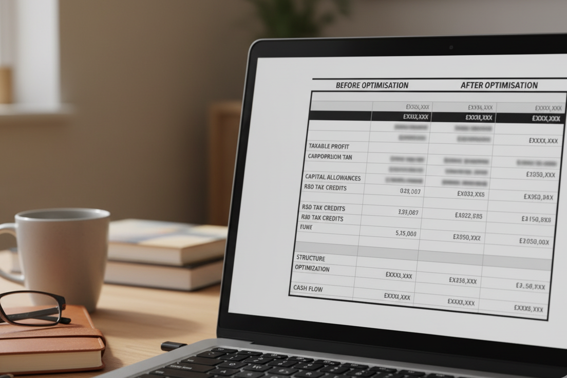 Laptop showing tax optimisation spreadsheet comparing before and after savings created by a UK chartered accountant.