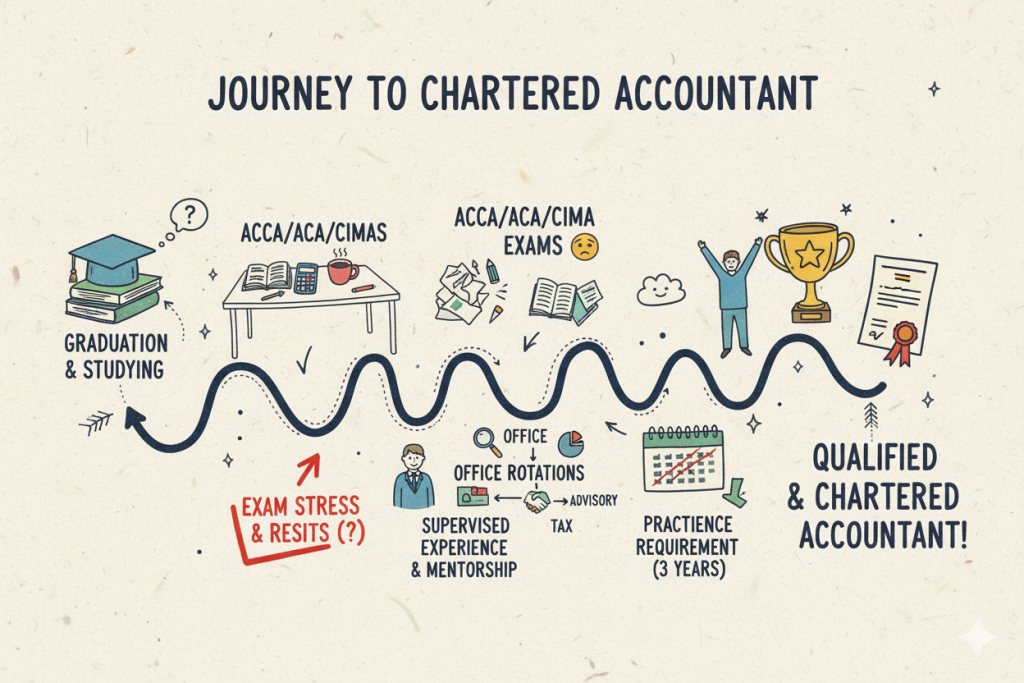 Infographic showing the journey to becoming a UK chartered accountant, from graduation to ACCA/ACA exams and three years of supervised experience.