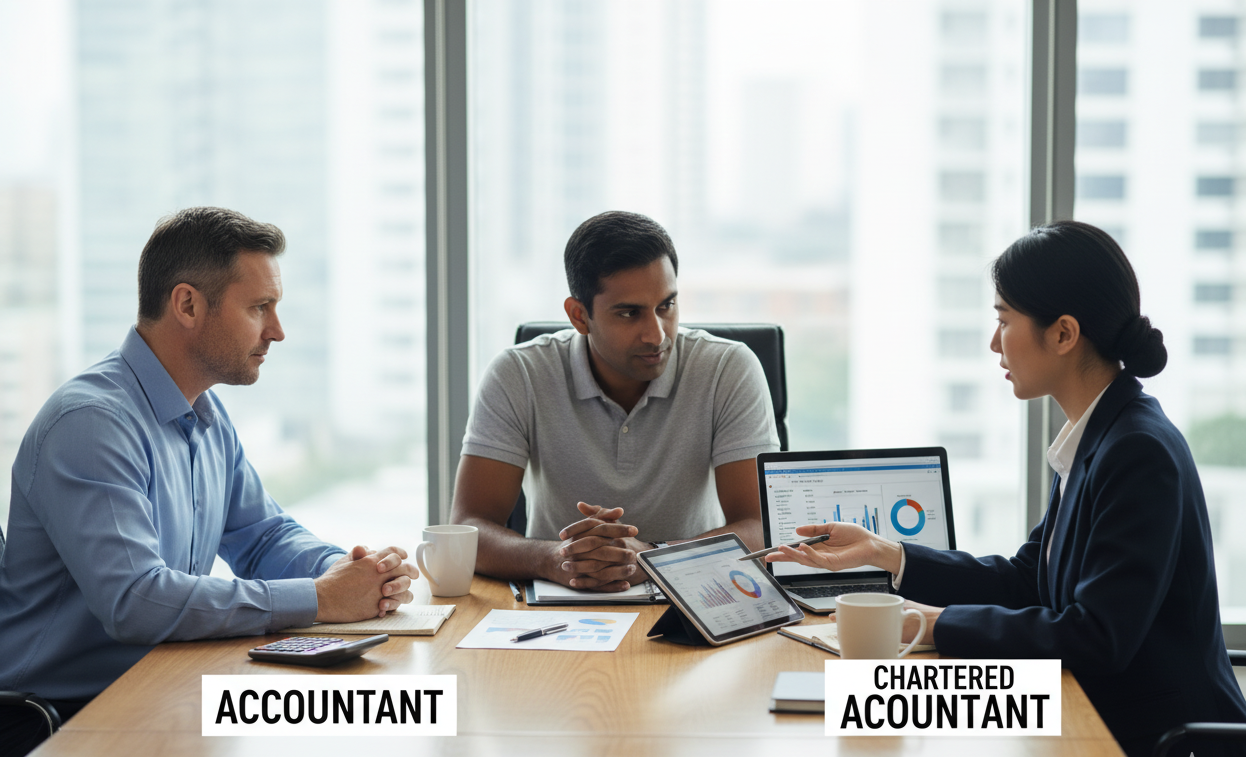 Business owner comparing advice from a regular accountant and a chartered accountant in the UK.