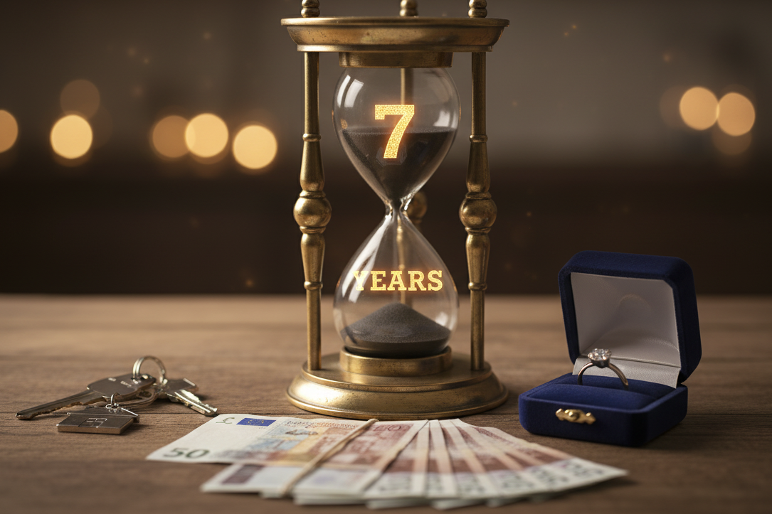 Hourglass showing the seven-year rule beside money, house keys and a ring, illustrating how gifting rules affect inheritance tax and the common confusion with ‘inherent tax’.