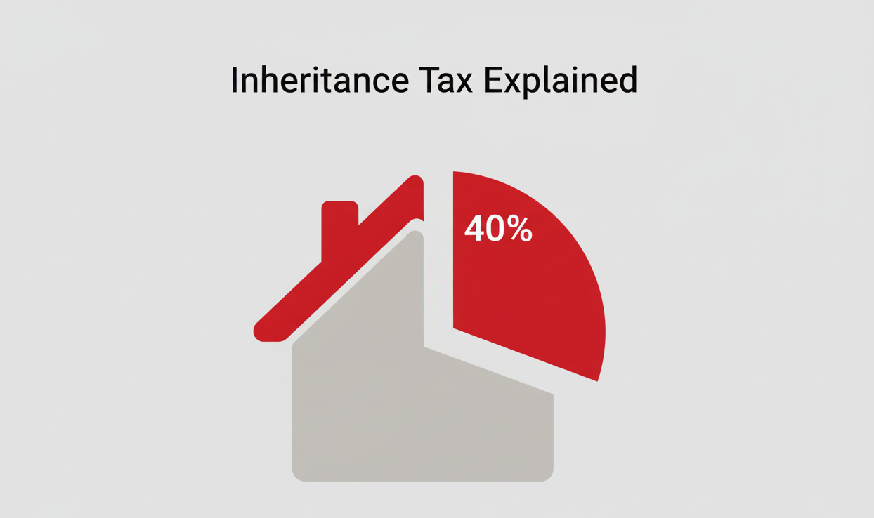 “The 40% Bite” — Visual Metaphor Scene: A house icon shaped like a pie chart 40% slice cut out (in red) Remaining 60% in neutral tones Title overlay: “Inheritance Tax Explained”
