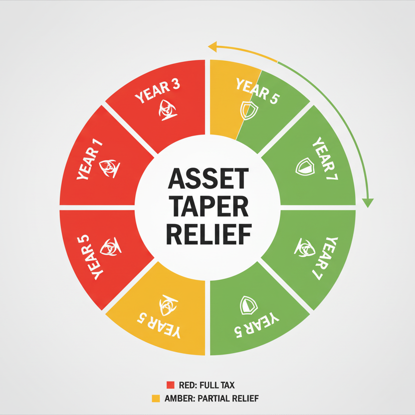 Circular graphic showing the seven-year taper relief timeline for hereditary tax, with full tax in early years and reduced inheritance tax after year seven.