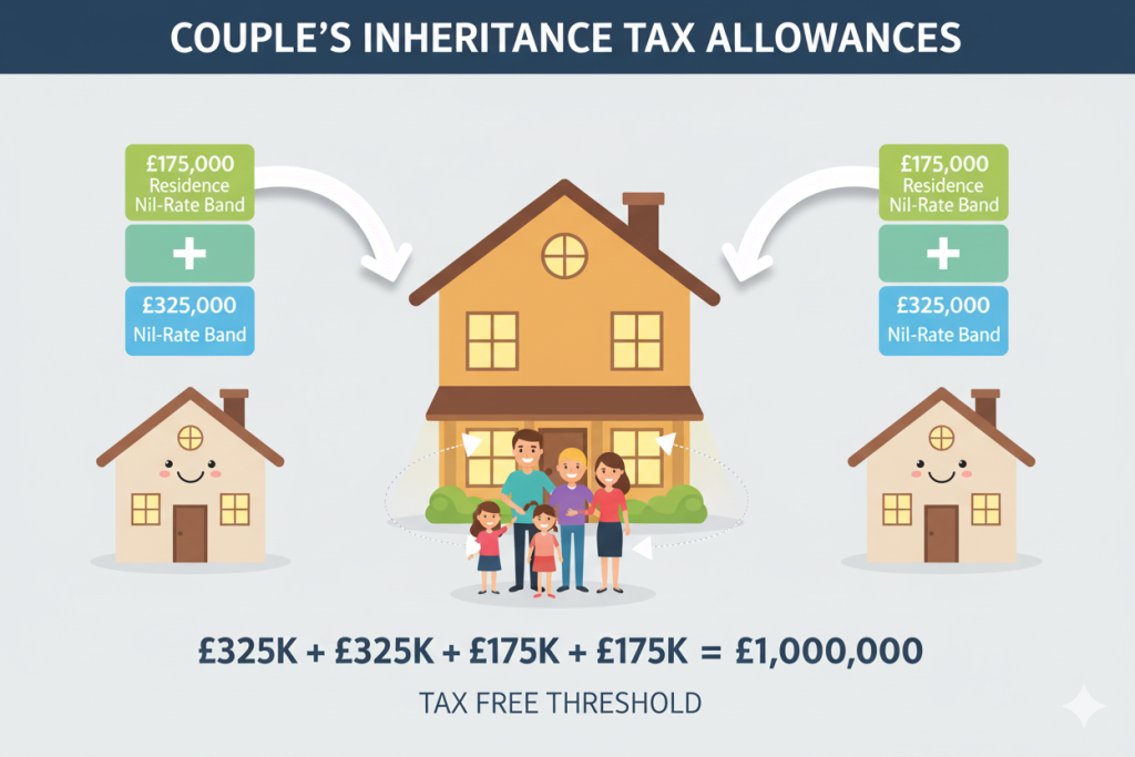 Illustration explaining a couple’s £1 million tax-free allowance for hereditary tax, showing combined nil-rate bands and residence nil-rate bands when passing a home to children.