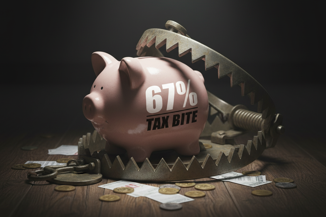 Piggy bank labeled 67% tax bite caught in a trap, illustrating the heavy hereditary tax impact on inherited pension funds.