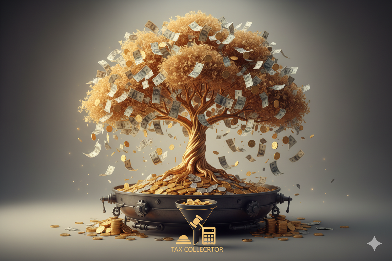 Illustration of a golden inheritance tree shedding money into a tax tray, symbolising hereditary tax in the UK.
