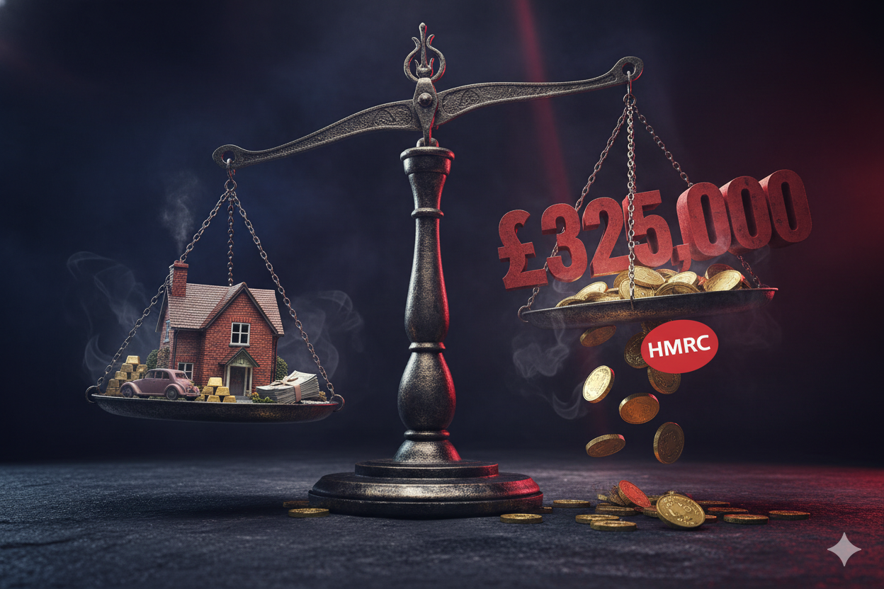 Illustration of UK succession tax showing a weighing scale with a family home on one side and £325,000 with HMRC coins on the other, symbolising the inheritance tax threshold.