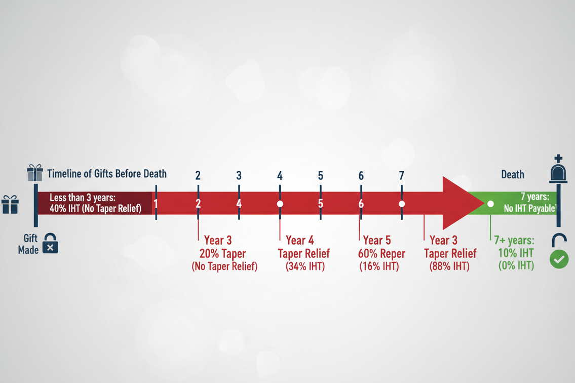 Timeline infographic explaining the seven-year rule for succession tax, showing taper relief rates on gifts before death and when inheritance tax becomes zero after seven years.