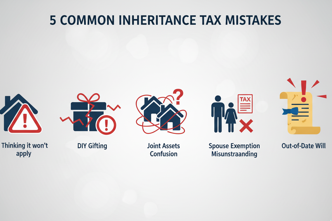 Infographic showing five common succession tax mistakes, including assuming it won’t apply, DIY gifting, joint assets confusion, spouse exemption misunderstanding, and having an out-of-date will.