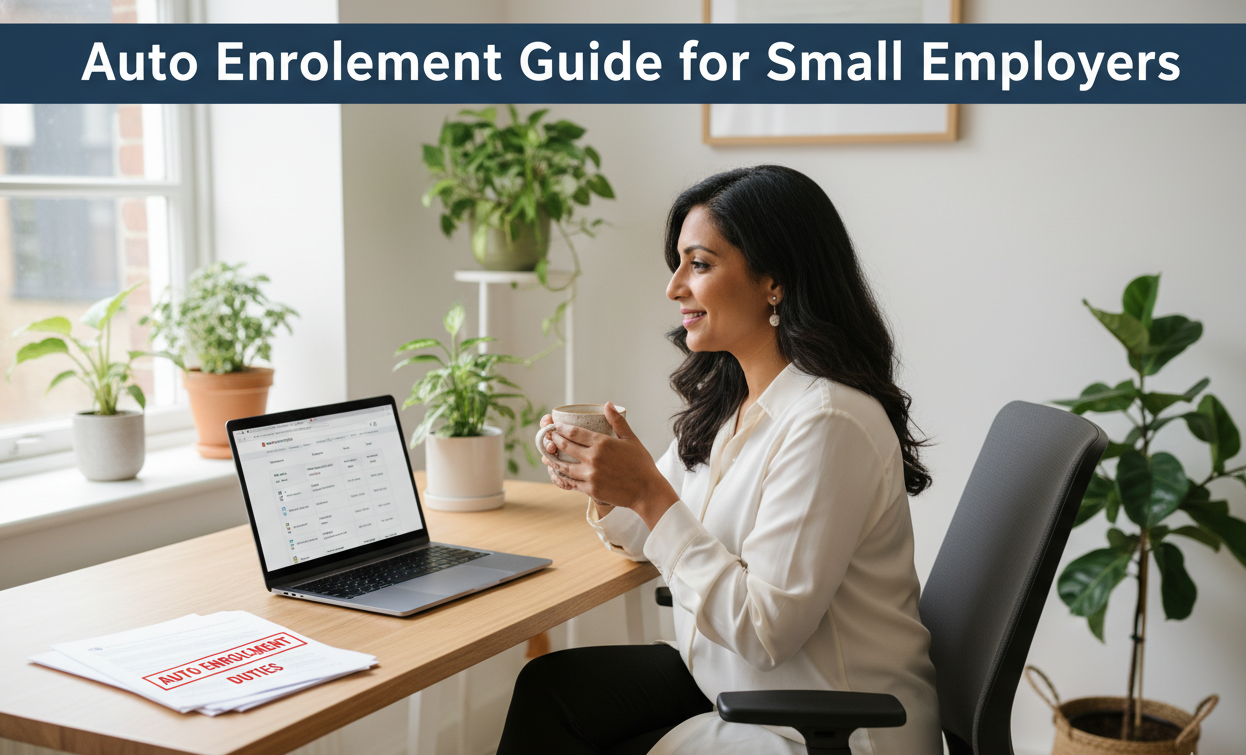 UK small business employer reviewing workplace pension auto enrolment requirements and provider options at desk